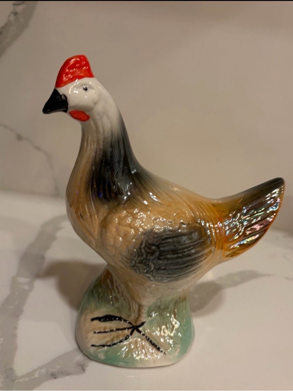 Vintage 1970s Iridescent Ceramic Chicken Hen Figurine 6" Made in Brazil